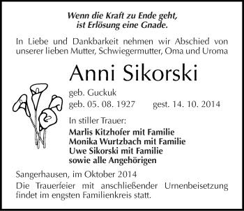 Traueranzeige von Anni Sikorski von Mitteldeutsche Zeitung Sangerhausen