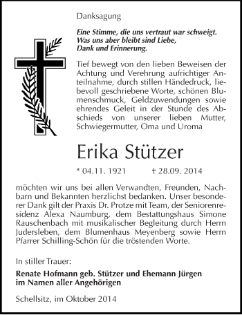 Traueranzeige von Erika Stützer von Mitteldeutsche Zeitung Naumburg/Nebra