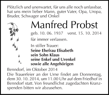 Traueranzeige von Manfred Probst von Mitteldeutsche Zeitung Mansfelder Land
