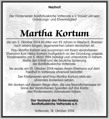 Traueranzeige von Martha Kortum von Mitteldeutsche Zeitung Mansfelder Land