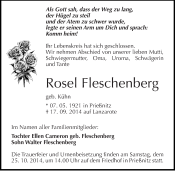 Traueranzeige von Rosel Fleschenberg von Mitteldeutsche Zeitung Naumburg/Nebra