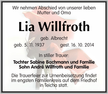 Traueranzeige von Lia Willfroth von Mitteldeutsche Zeitung Halle/Saalkreis