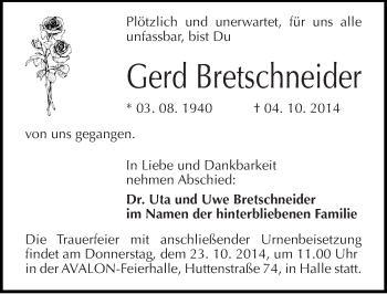 Traueranzeige von Gerd Bretschneider von Mitteldeutsche Zeitung Halle/Saalkreis
