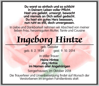 Traueranzeige von Ingeborg Hintze von Mitteldeutsche Zeitung Sangerhausen