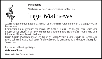 Traueranzeige von Inge Mathews von Mitteldeutsche Zeitung Mansfelder Land