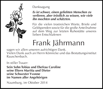 Traueranzeige von Frank Jährmann von Mitteldeutsche Zeitung Naumburg/Nebra