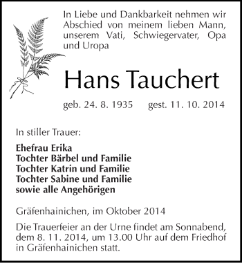 Traueranzeige von Hans Tauchert von Mitteldeutsche Zeitung Wittenberg