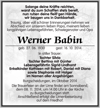 Traueranzeige von Werner Babin von Mitteldeutsche Zeitung Naumburg/Nebra