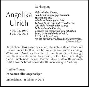 Traueranzeige von Angelika Ulrich von Mitteldeutsche Zeitung Merseburg/Querfurt
