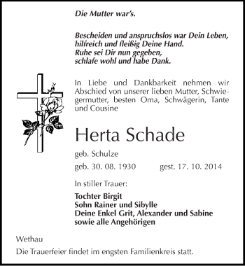 Traueranzeige von Herta Schade von Mitteldeutsche Zeitung Naumburg/Nebra