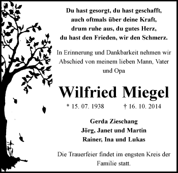 Traueranzeige von Wilfried Miegel von Mitteldeutsche Zeitung Dessau-Roßlau