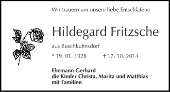 Traueranzeige von Hildegard Fritzsche von Mitteldeutsche Zeitung Wittenberg