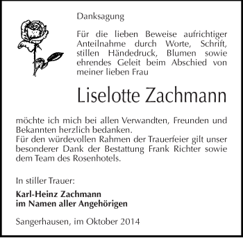 Traueranzeige von Liselotte Zachmann von Mitteldeutsche Zeitung Sangerhausen