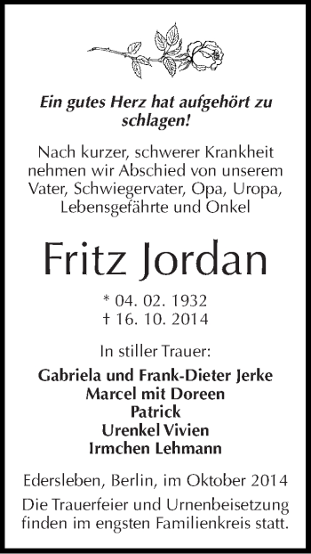 Traueranzeige von Fritz Jordan von Mitteldeutsche Zeitung Sangerhausen