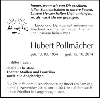 Traueranzeige von Hubert Pollmächer von Mitteldeutsche Zeitung Halle/Saalkreis