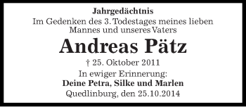 Traueranzeige von Andreas Pätz von Mitteldeutsche Zeitung Quedlinburg