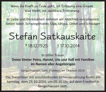 Traueranzeige von Stefan Satkauskaite von Mitteldeutsche Zeitung