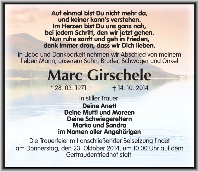  Traueranzeige für Marc Girschele vom 21.10.2014 aus Mitteldeutsche Zeitung Halle/Saalkreis
