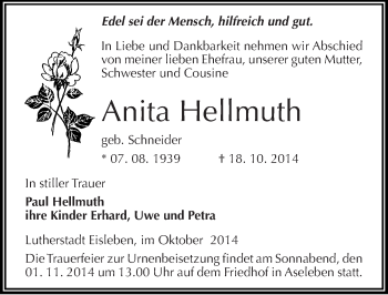 Traueranzeige von Anita Hellmuth von Mitteldeutsche Zeitung Mansfelder Land