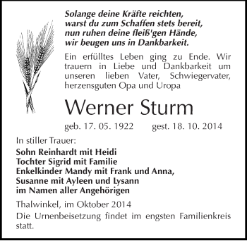 Traueranzeige von Werner Sturm von Mitteldeutsche Zeitung Naumburg/Nebra