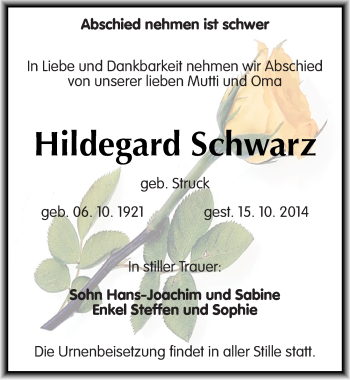Traueranzeige von Hildegard Schwarz von Mitteldeutsche Zeitung Halle/Saalkreis