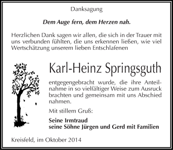 Traueranzeige von Karl-Heinz Springsguth von Mitteldeutsche Zeitung Mansfelder Land