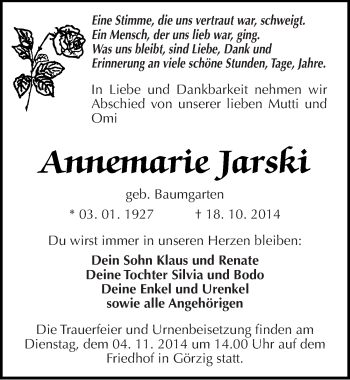 Traueranzeige von Annemarie Jarski von Mitteldeutsche Zeitung Köthen