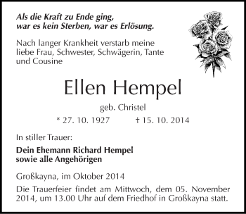 Traueranzeige von Ellen Hempel von Mitteldeutsche Zeitung Merseburg/Querfurt