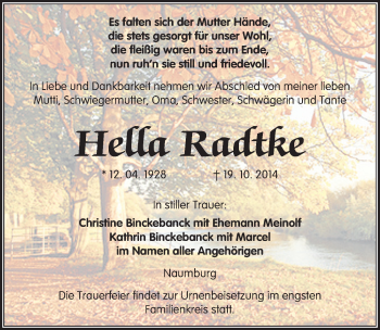 Traueranzeige von Herta Radtke von Mitteldeutsche Zeitung Naumburg/Nebra