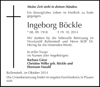 Traueranzeige von Ingeborg Böckle von Mitteldeutsche Zeitung Quedlinburg