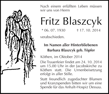 Traueranzeige von Fritz Blaszcyk von Mitteldeutsche Zeitung Köthen
