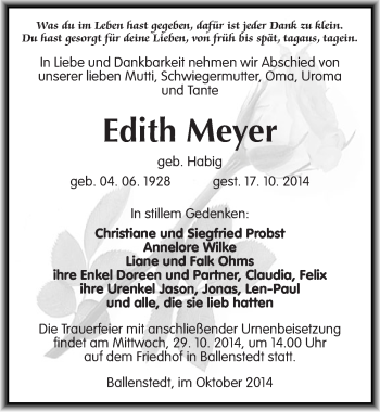 Traueranzeige von Edith Meyer von Mitteldeutsche Zeitung Quedlinburg