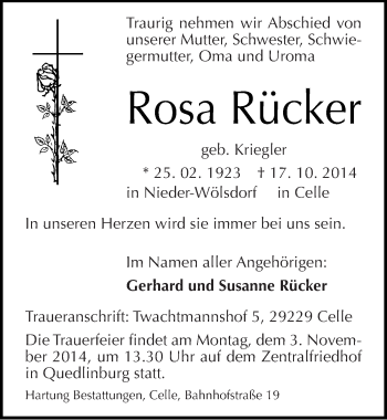 Traueranzeige von Rosa Rücker von Mitteldeutsche Zeitung Quedlinburg