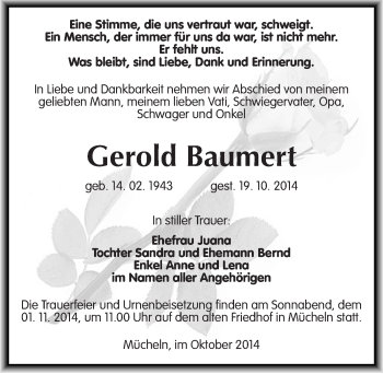 Traueranzeige von Gerold Baumert von Mitteldeutsche Zeitung Merseburg/Querfurt