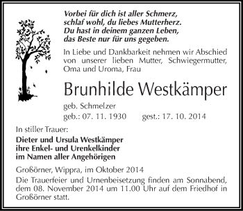Traueranzeige von Brunhilde Westkämper von Mitteldeutsche Zeitung Mansfelder Land