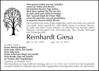 Traueranzeige von Reinhardt Giesa von Mitteldeutsche Zeitung Merseburg/Querfurt