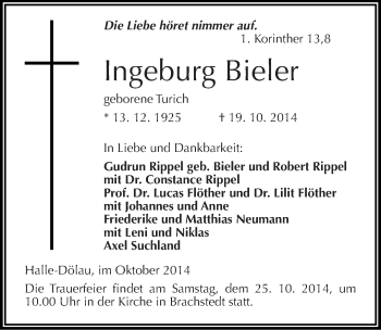 Traueranzeige von Ingeburg Bieler von Mitteldeutsche Zeitung Halle/Saalkreis