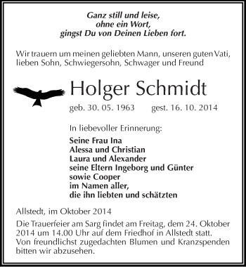 Traueranzeige von Holger Schmidt von Mitteldeutsche Zeitung Sangerhausen