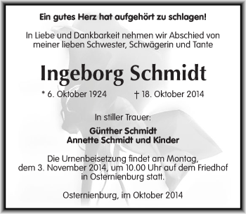 Traueranzeige von Ingeborg Schmidt von Mitteldeutsche Zeitung Köthen