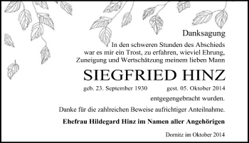 Traueranzeige von Siegfried Hinz von Mitteldeutsche Zeitung Halle/Saalkreis