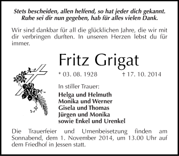 Traueranzeige von Fritz Grigat von Mitteldeutsche Zeitung Wittenberg