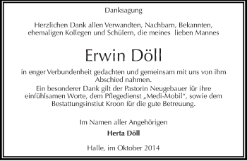Traueranzeige von Erwin Döll von Mitteldeutsche Zeitung Halle/Saalkreis