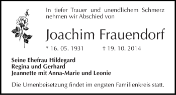 Traueranzeige von Joachim Frauendorf von Mitteldeutsche Zeitung Halle/Saalkreis