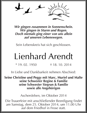 Traueranzeige von Lienhard Arendt von Mitteldeutsche Zeitung Aschersleben