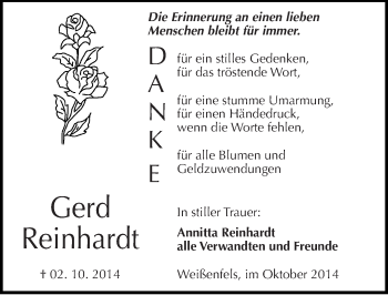 Traueranzeige von Gerd Reinhardt von Mitteldeutsche Zeitung Weißenfels