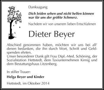 Traueranzeige von Dieter Beyer von Mitteldeutsche Zeitung Mansfelder Land