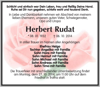 Traueranzeige von Herbert Rudat von Mitteldeutsche Zeitung Halle/Saalkreis