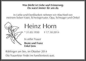 Traueranzeige von Heinz Horn von Mitteldeutsche Zeitung Mansfelder Land