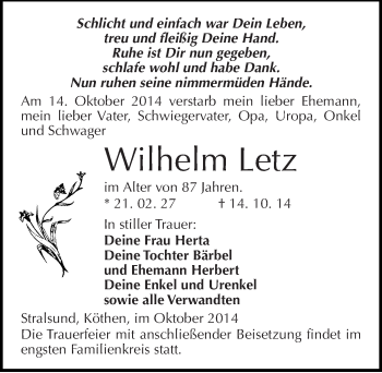 Traueranzeige von Wilhelm Letz von Mitteldeutsche Zeitung Köthen