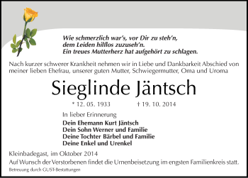 Traueranzeige von Sieglinde Jäntsch von Mitteldeutsche Zeitung Köthen